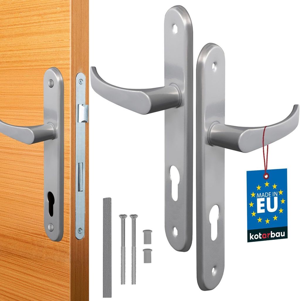 A set of silver door handles and related hardware, including a lock mechanism, screws, and a "Made in EU" tag, are displayed against a light gray and white background. One handle is shown attached to a wooden door.