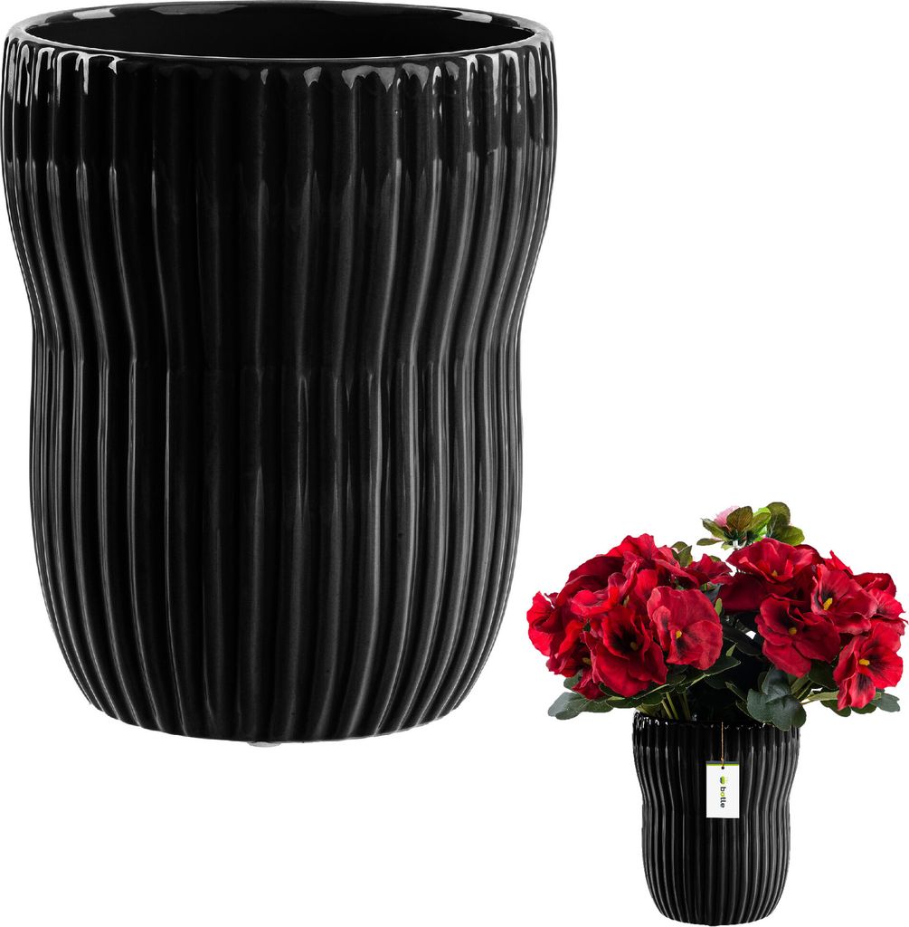 Blumentopf, Blumenübertopf Gehäuse aus Keramik Rund Schwarz Ø13 cm H 16cm, Rillen Glanz Oberfläche Modern Glamour, stilvolle Dekoration, räuml...