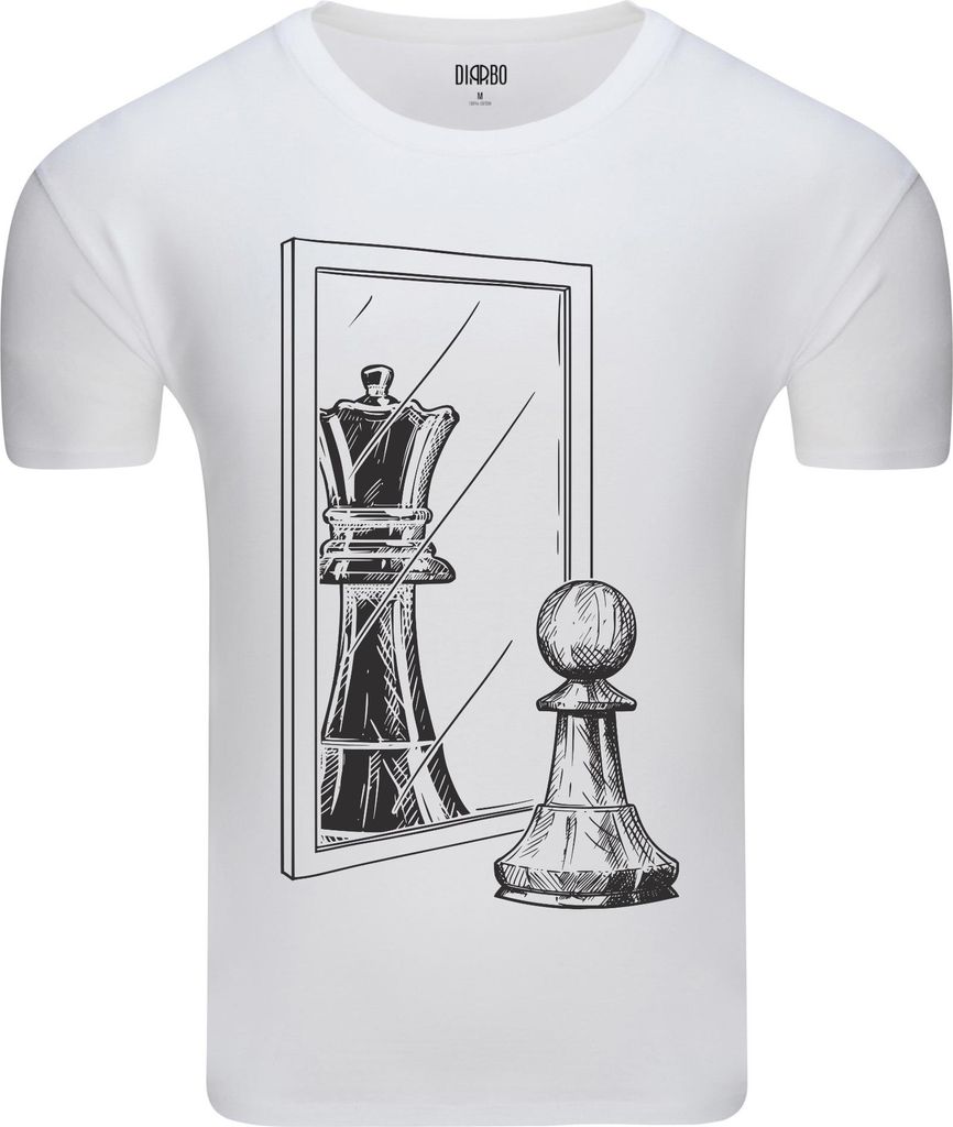 Diarbo Herren T-Shirt mit Schachliebhaber Druck Schachfigur im Spiegel Weiß Gr.M