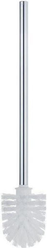 A toilet brush with a silver handle and white bristles against a white background.