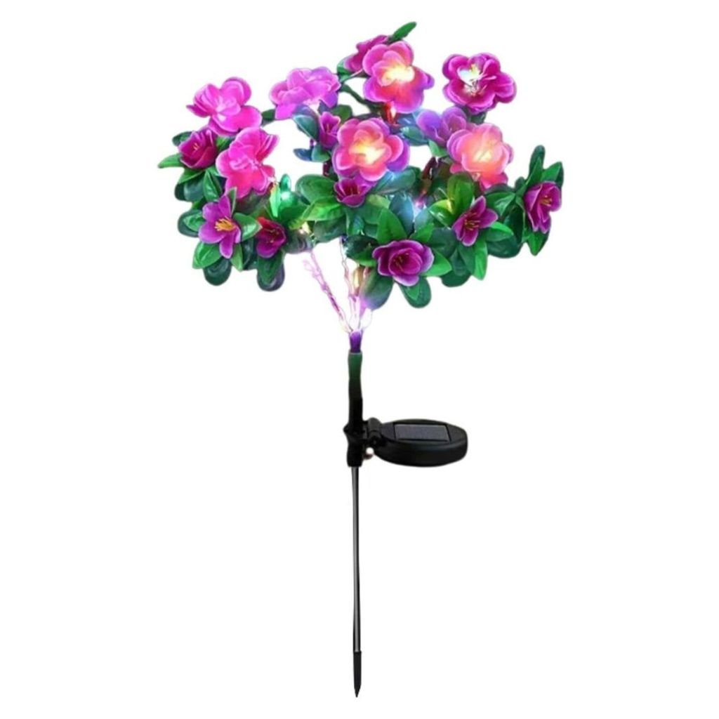 A solar-powered decorative light shaped like a cluster of purple and pink flowers with green leaves, mounted on a metal stake with a solar panel.