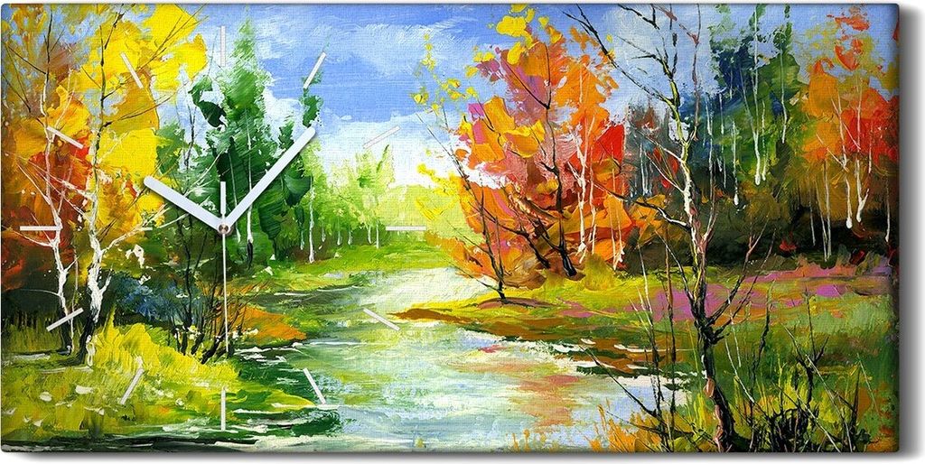 Wanduhr Bürouhr Leinwand Bild Quarz 60x30 Herbst Landschaft mit dem Wald Fluss - weiße Hände