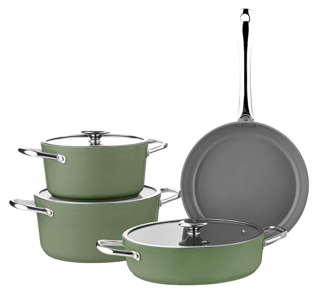 4-teiliges Kochtopfset mit Pfanne – Antihaftbeschichtung, Glasdeckel, für Induktion geeignet – Grün/Silber