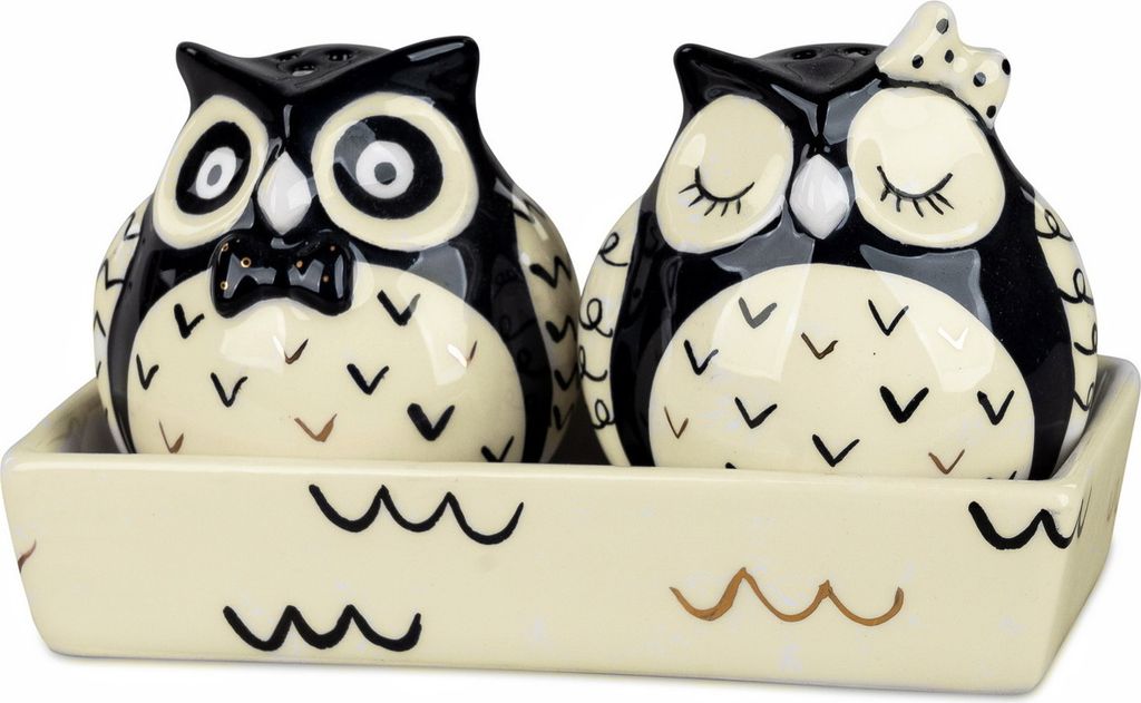 Salz & Pfefferstreuer Set 3 tlg. Eulen Paar Figur Skulptur auf Tablett Keramik