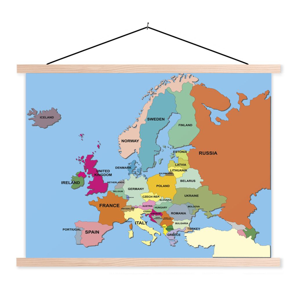 MuchoWow Textilposter Karte - Europa - Englisch 120x90 cm mit holzfarbenen Rahmen - Magnetisch