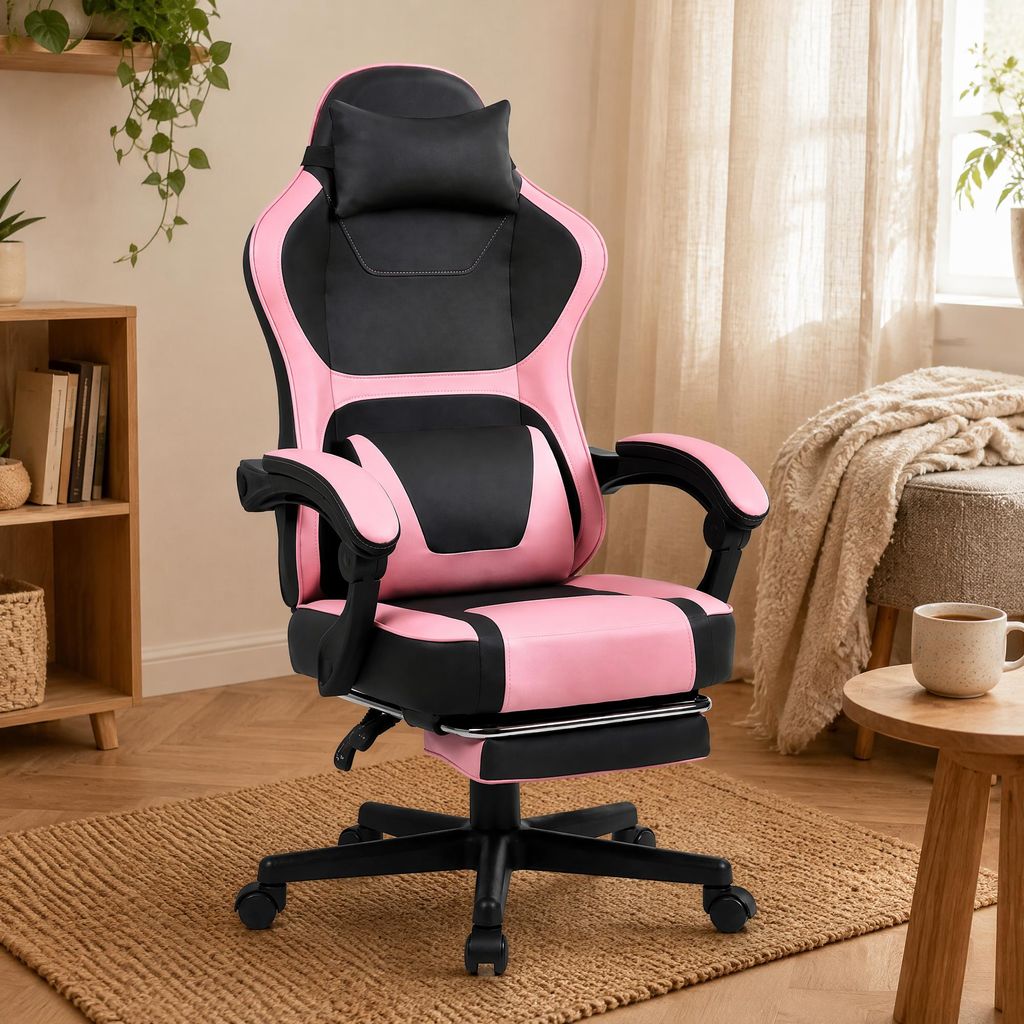 Kawaii gaming stoel, met voetsteun, dubbele lendensteun, Productafbeelding  AI-gegenereerde afbeelding