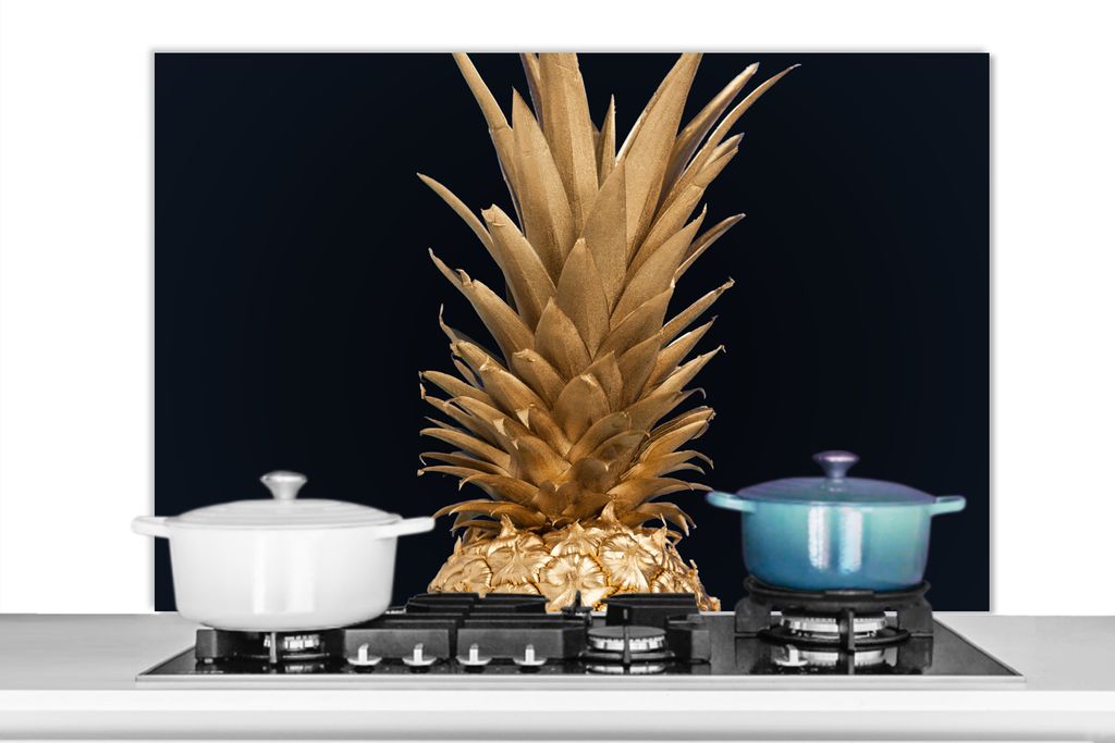 KitchenYeah Spritzschutz Küche - Küchenrückwand - Wandschutz für Herd und Spüle - Ananas - Gold - Farbe - Schwarz - Obst - Luxus 100x65 - Al...