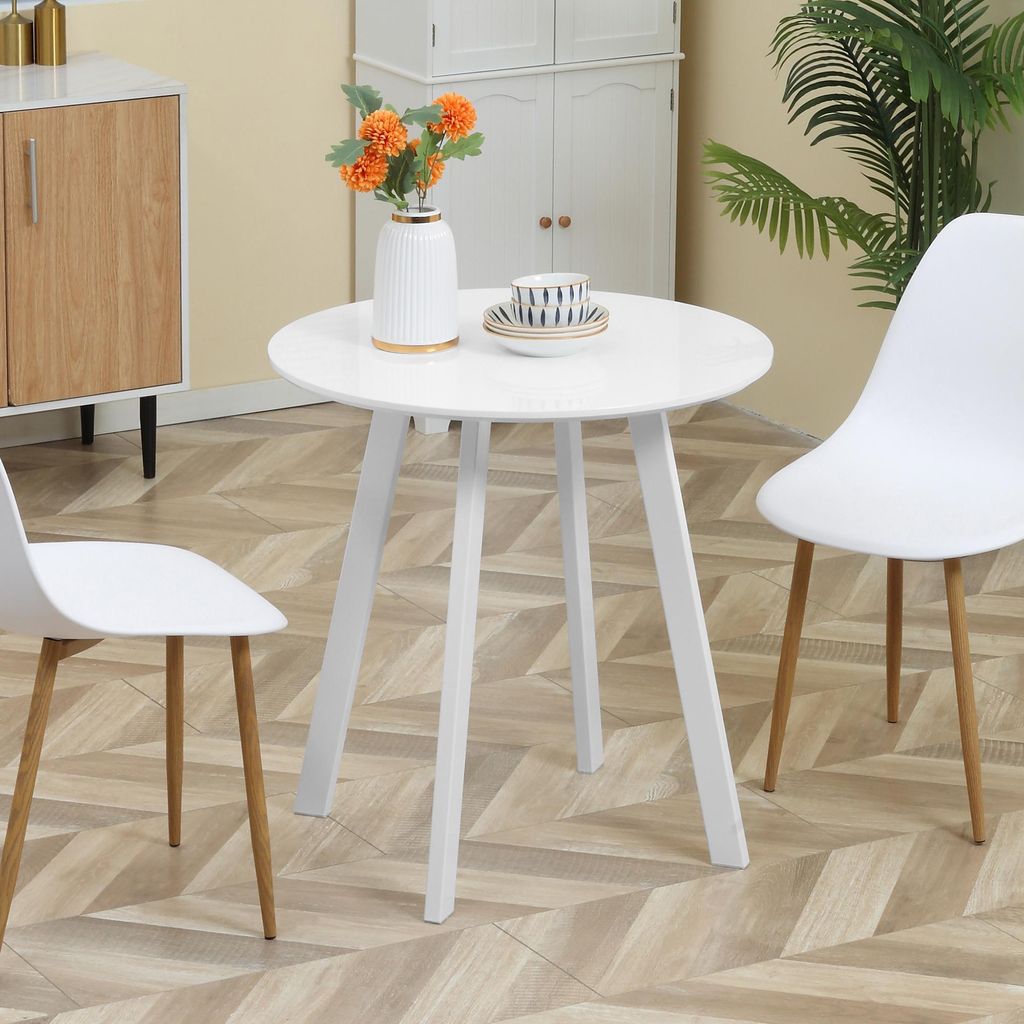 Esstisch rund Hochglanz MDF Stahlbeine, Küchentisch 2 Personen kompakt, Esszimmertisch glänzend Weiß | 72x72x75 cm | 10,8 kg