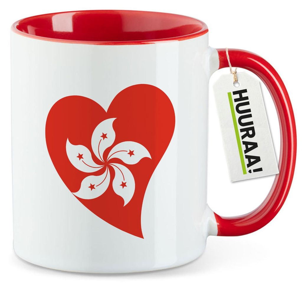 Huuraa Kaffeetasse Hongkong Flagge Herz 330ml Rot Keramik Kaffeebecher Geschenkidee