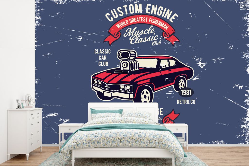 MuchoWow Fototapete für Wohnzimmer oder Schlafzimmer Wandtapete Vinyl Motivtapete Auto - Motorrad - Oldtimer - Zitat - 360x240 cm - Vinyl-Tapete