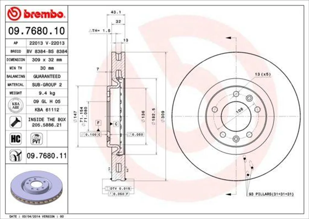 Disque de frein Brembo OE 4246V5 haute résistance thermique Peugeot 607