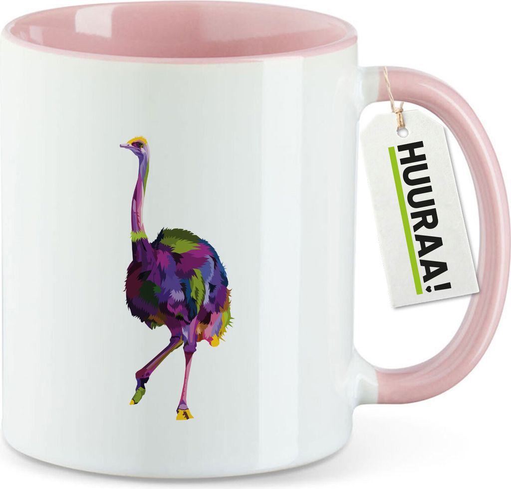 Huuraa Kaffeetasse Vogel Strauß Colorful 330ml Rosa Keramik Kaffeebecher Geschenkidee