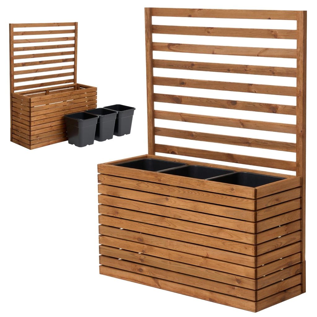 Pflanzkübel mit Rankgitter Spalier mit Pflanzkasten Blumenkasten aus Holz Hochbeet mit 3x18L Pflanzeneinsatz (horizontal-braun, 98x36x55 H132)