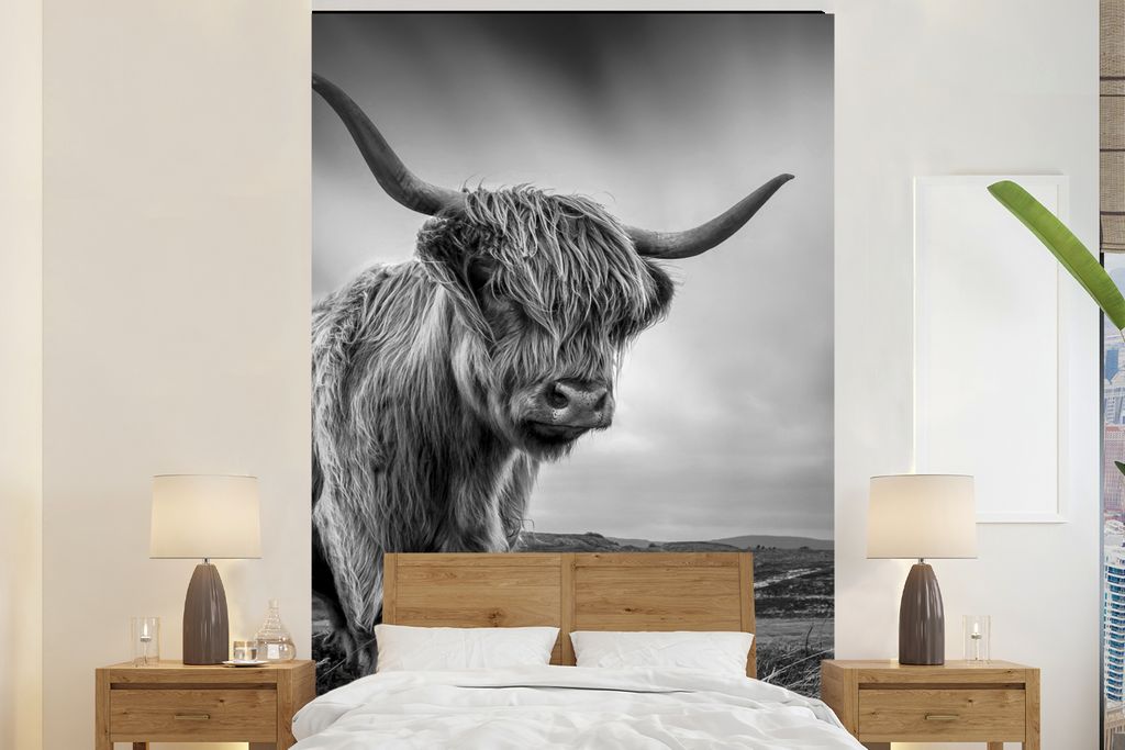 MuchoWow Fototapete für Wohnzimmer oder Schlafzimmer Wandtapete Vinyl Motivtapete Kühe - Schottische Hochlandkühe - Natur - Tiere - Schwarz un...
