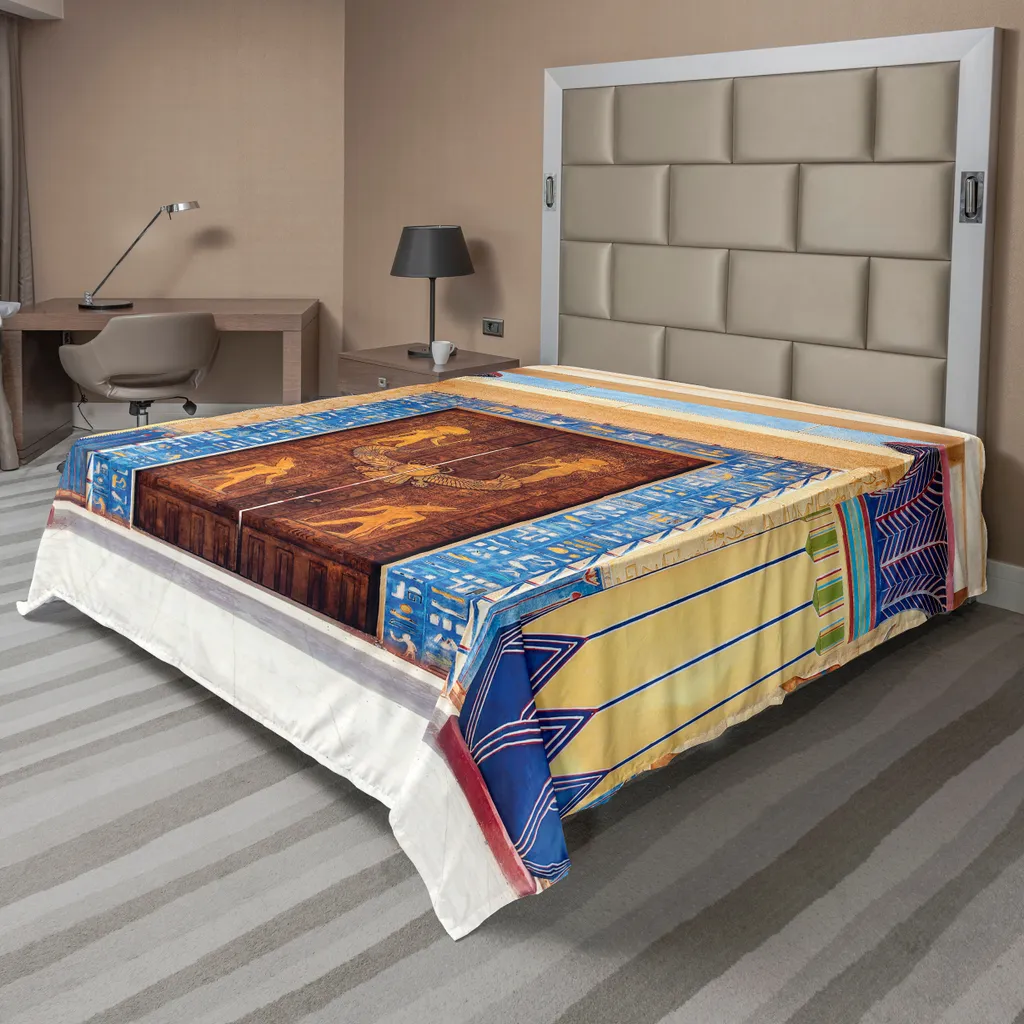 ABAKUHAUS Egitto Lenzuolo, antico tempio egizio con motivi intagliati, antico patrimonio religioso, grafica, lenzuolo morbido e confortevole per un letto decorativo, 1 pezzo, 275 cm x 260 cm, multicolore