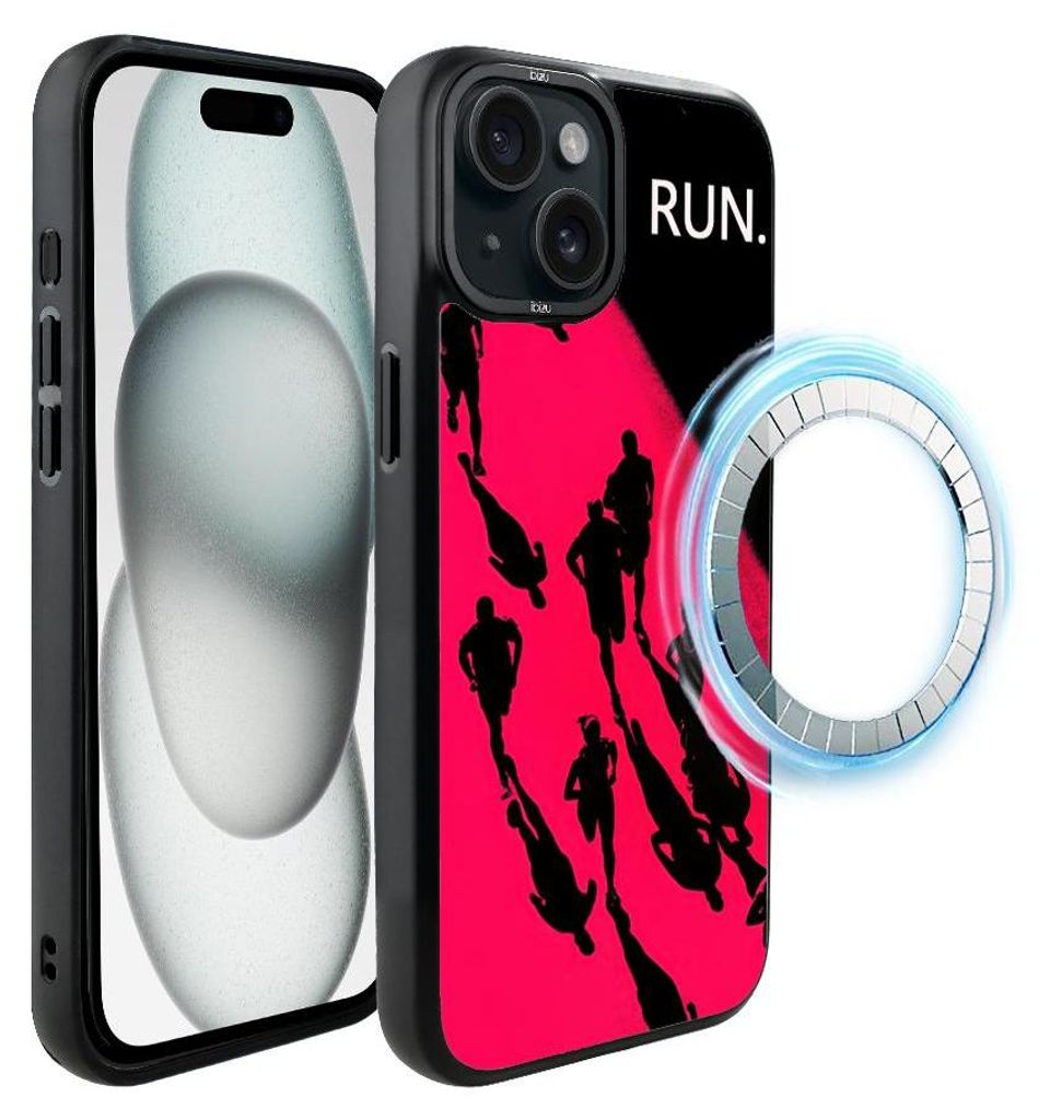 Schutzhülle für das iPhone 15, MagSafe-kompatibel, mattschwarze Seiten, Sport, Laufen, Marathon, rosa