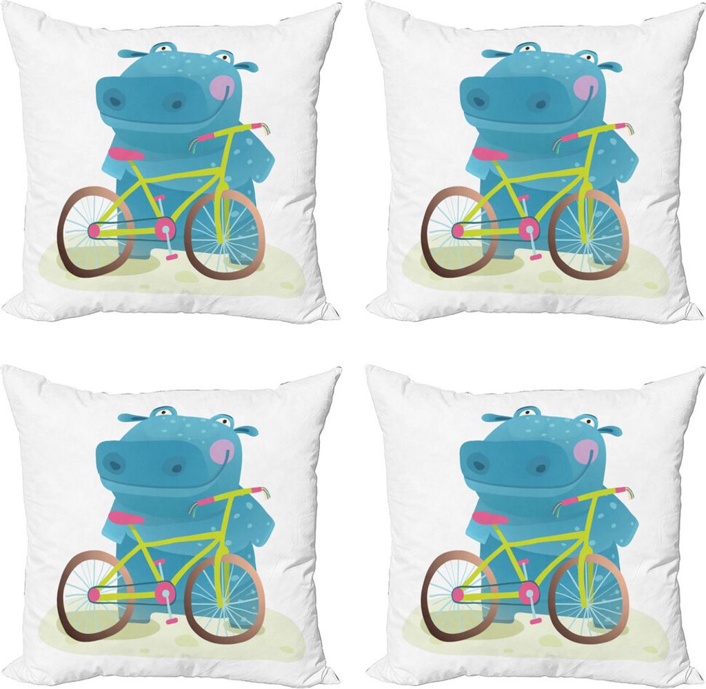 ABAKUHAUS Nilpferd Kissenbezug Set (4 Stück), Hippo Kind mit Fahrrad, Moderner Doppelseitiger Digitaldruck, 60 cm x 60 cm, Mehrfarbig