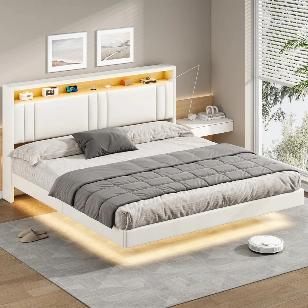 Lit LED 180x200 cm KIMENICH blanc en polyuréthane avec sommier à lattes
