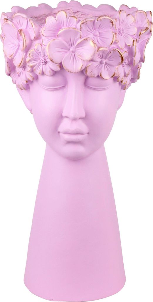 FURNARO Pflanzobjekt Flora - Rosa Dekokopf mit Blumenkranz aus Kunststoff Blumentopf Kopffigur 33 cm hoch