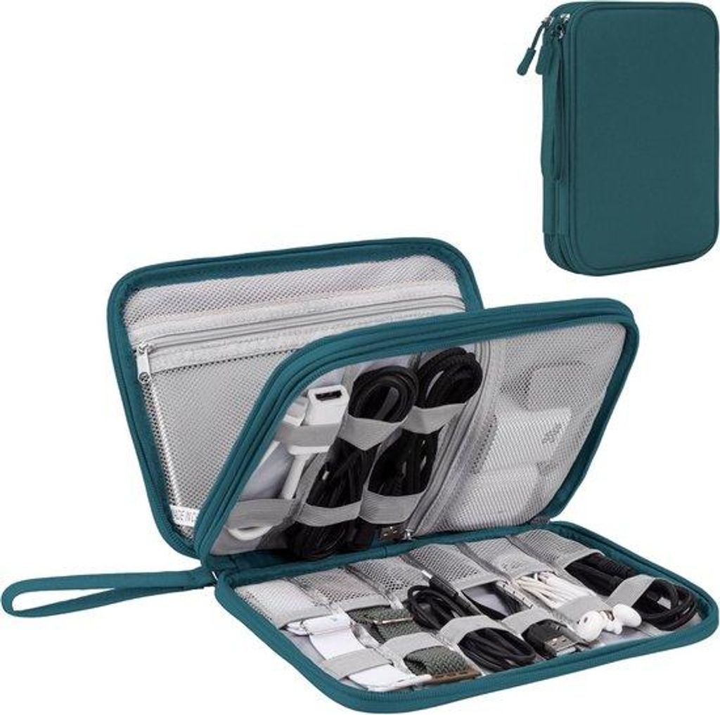 Elektronischer Kabelorganizer, Kabeltas mit doppelgeschichtiger Aufbewahrungsfläche für Kabels, Karten, Ladegeräte, Handys, Headsets, Dunkelgrü...