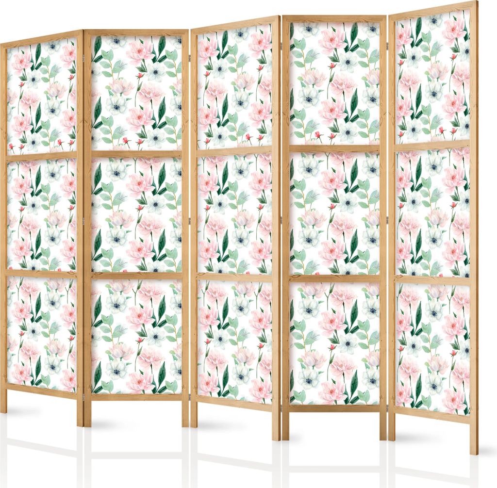 5-teiliger Einseitiger Vlies Japanischer Paravent - Peonies - Pink and White Flowers and Green Leaves on a White Background 225x172 cm Blumen b-B-1...