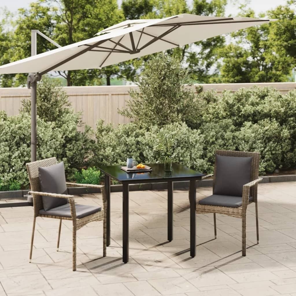 "2026 Promotion" 3-tlg. Garten-Essgruppe - mit Tisch und Stühlen - mit Kissen - Schwarz und Grau Poly Rattan - Gartenmöbelset CC9714