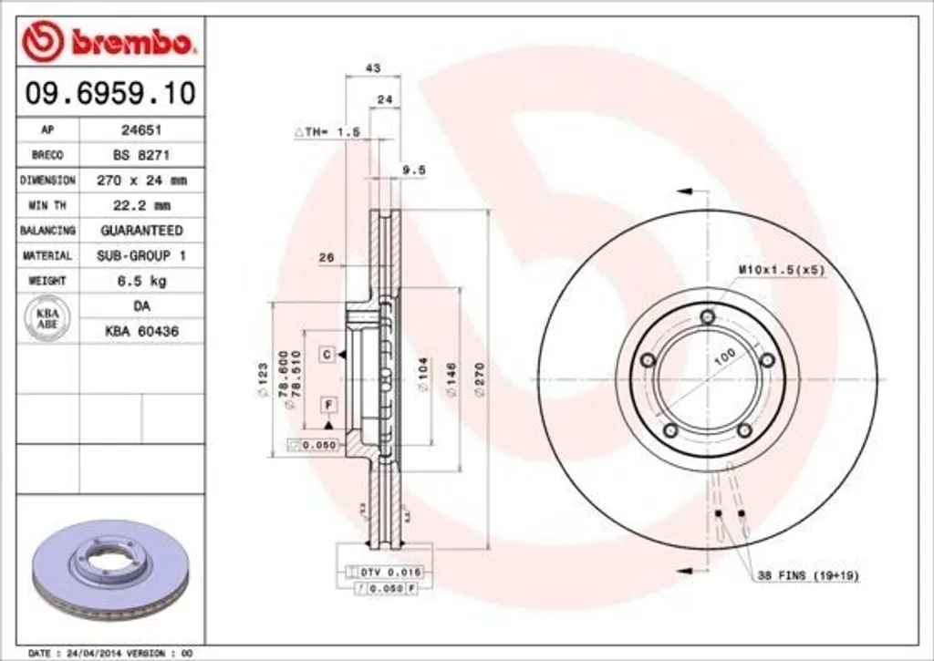 Disque de frein Brembo 09.6959.10 pour Ford Transit et Tourneo OE
