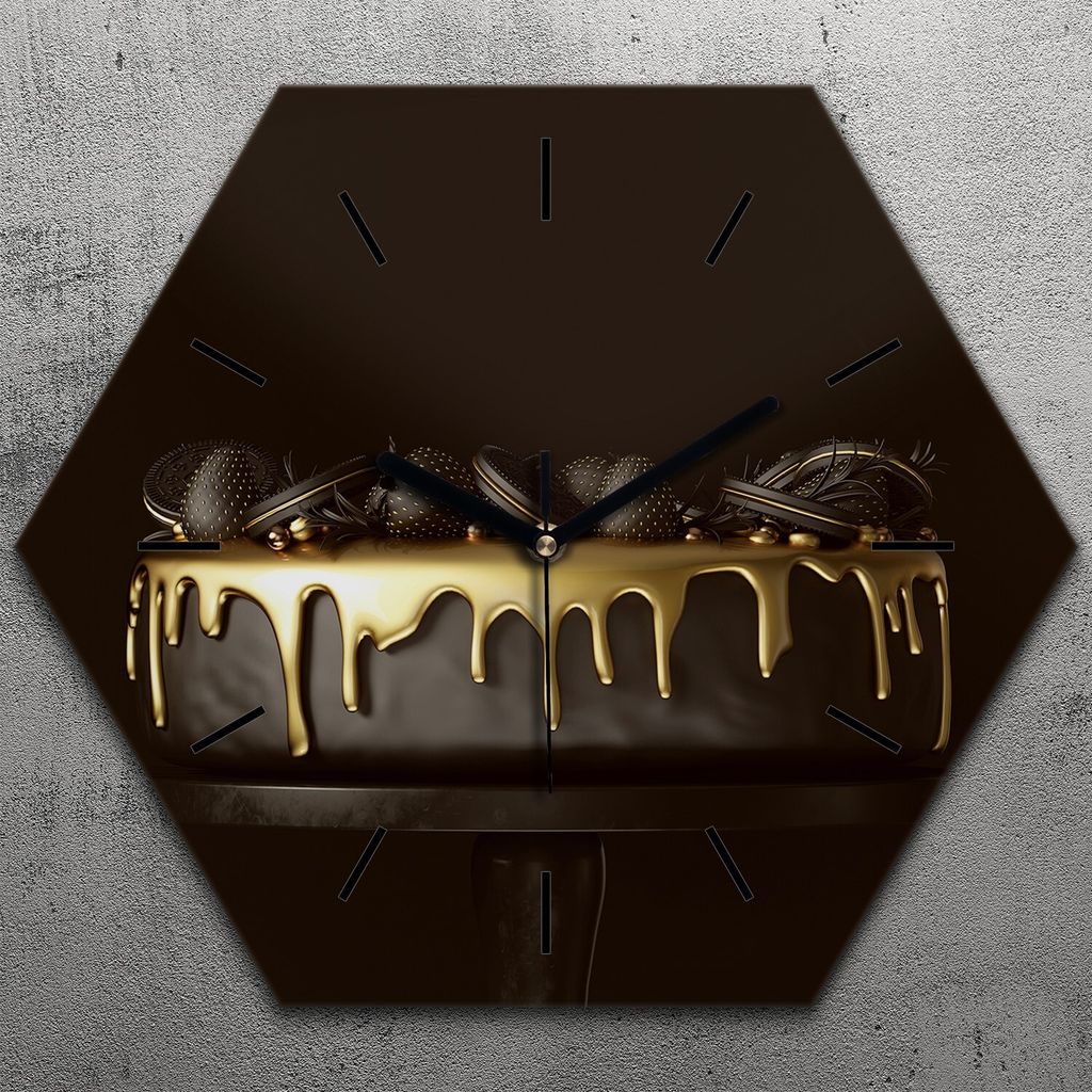 Uhr hexagonal 40 cm Glas Geräuschlos schwarze Zeiger - Gold Luxus Torte Erdbeeren