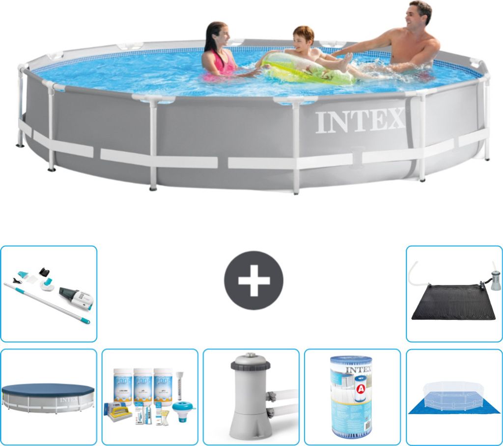 Intex Pool mit rundem Prismenrahmen – 366 x 76 cm – Grau – im Lieferumfang enthalten Abdeckung - Wartungspaket - Filterpumpe für Schwimmbad ...