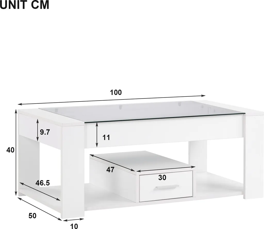Table basse blanche multi-rangements et plateau verre trempé 100 cm