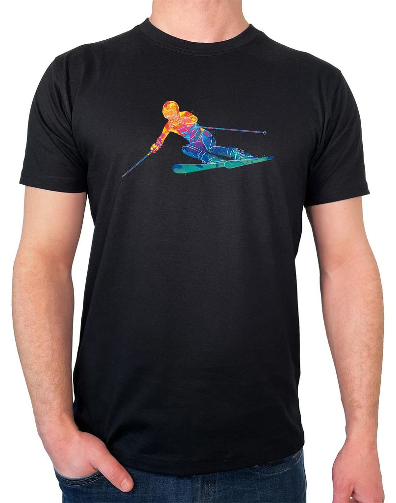 Huuraa Herren T-Shirt Ski fahren bunte Silhouette S Black Bio Baumwolle Fairtrade Herrenshirt Geschenkidee