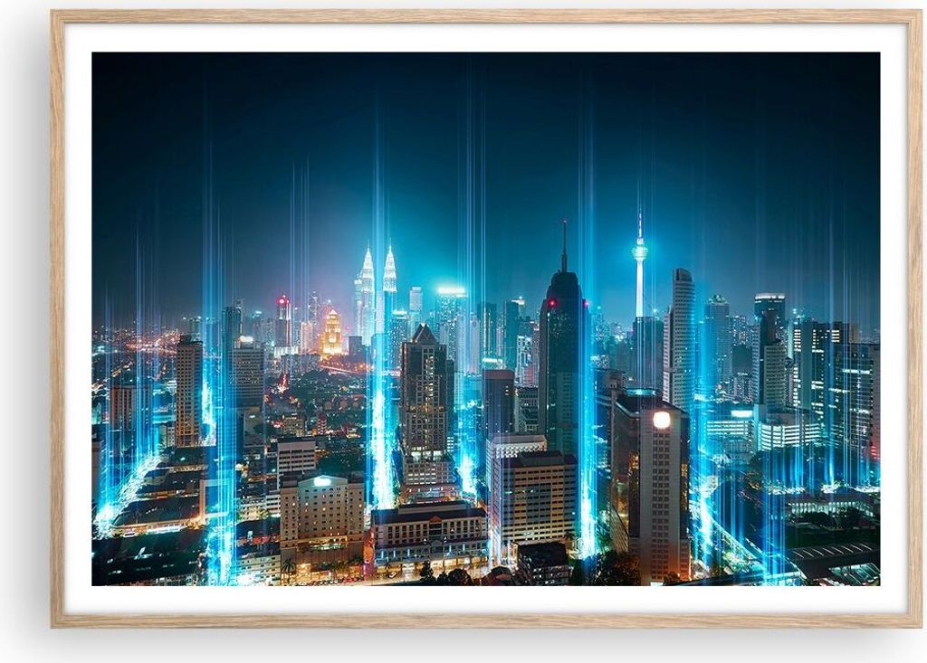 Gerahmtes Poster - Rahmen in heller Eiche - Stadt Nacht Straße - 100x70 cm - Wand Bild - Wanddeko - Wandbilder - Wandposter - Bilderrahmen - Bilde...
