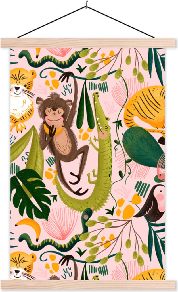 MuchoWow Textilposter Dschungel - Pflanzen - Tiere - Rosa 40x60 cm mit holzfarbenen Rahmen - Poster