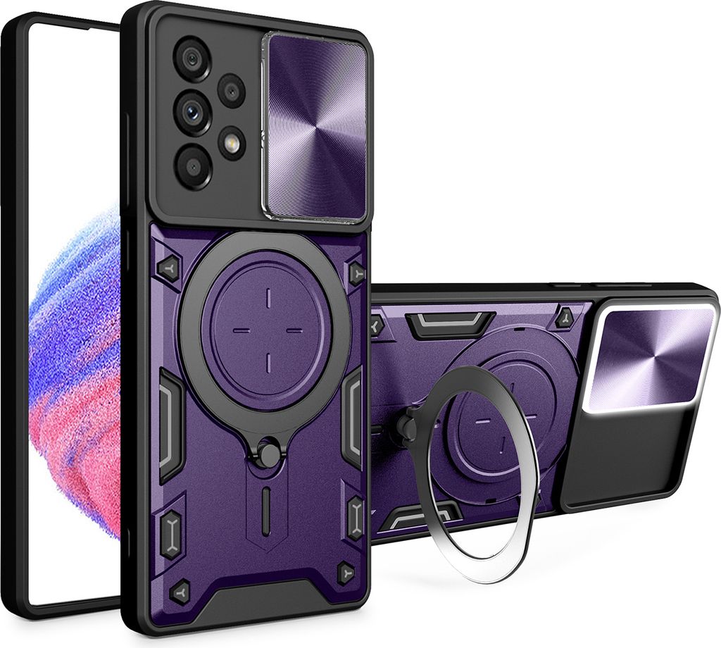Handyhülle für Samsung Galaxy A53 5G Dual-Layer Stoßfest Rüstung Hülle mit Dia Kameraschutz und Kreisförmig Ring Ständer Lila