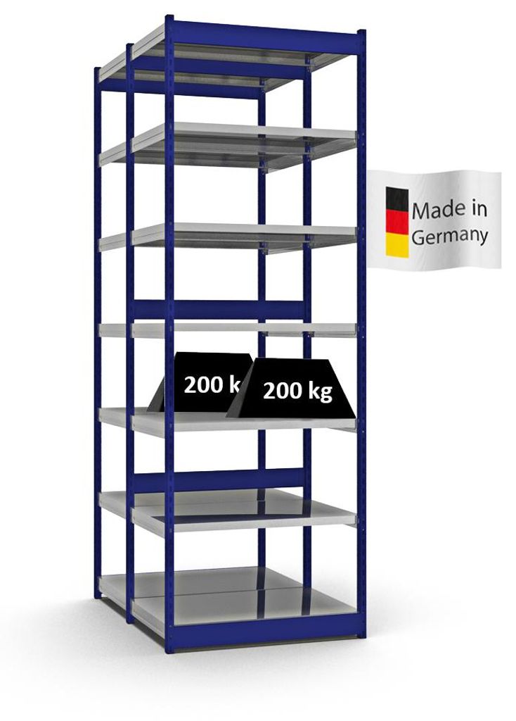 PROREGAL Fachbodenregal Stecksystem Vierkant-Profil MAGNUS Germany | HxBxT 300x102,5x60cm | 2x7 Ebenen | Fachlast 200kg | Enzianblau/Verzinkt