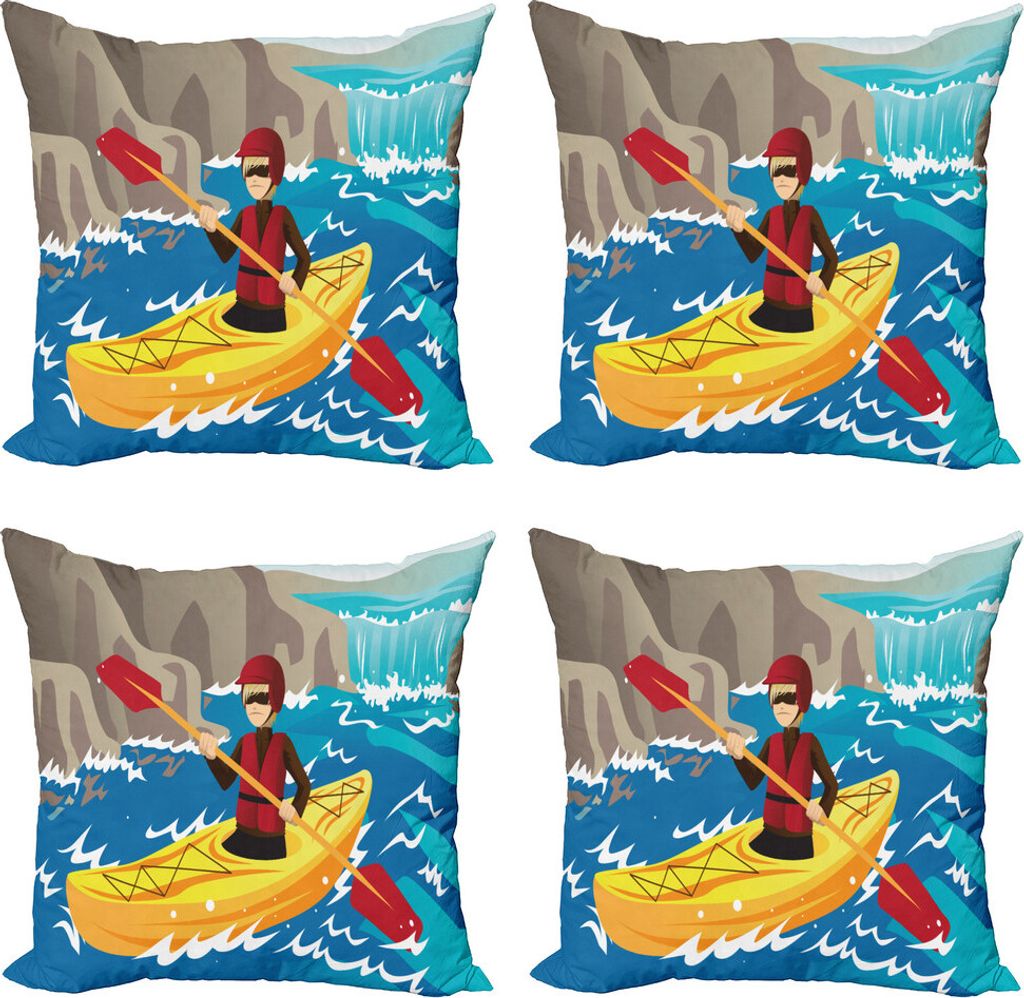 ABAKUHAUS Abenteuer Kissenbezug Set (4 Stück), Boy Kajak im Fluss, Moderner Doppelseitiger Digitaldruck, 60 cm x 60 cm, Mehrfarbig