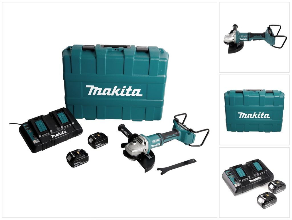 Makita DGA 900 PMKX2 Akku Winkelschleifer 36V ( 2x18V ) 230mm Brushless + 2x Akku 4,0Ah + Doppelladegerät + Ezynut + Koffer