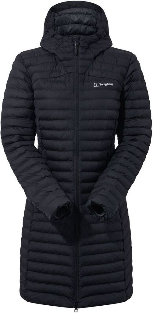 Schwarze Nula Lange Micro Jacket von Berghaus; isolierende Damenjacke mit Kapuze und langen Ärmeln.