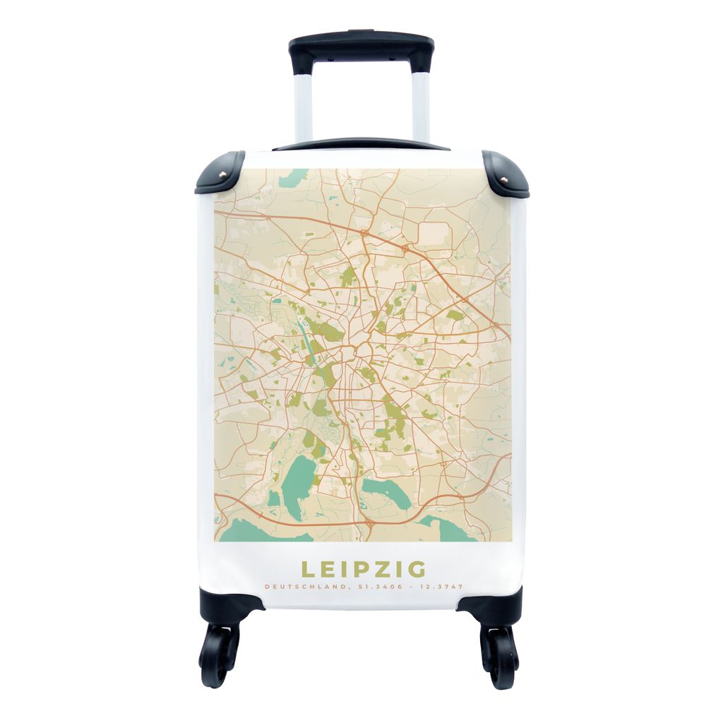MuchoWow Koffer Handgepäck Trolley Rollkoffer Kleine Reisekoffer mit 4 Rollen - Karte - Leipzig - Vintage - Stadtplan - Cabin Size < 55x40x23 cm...