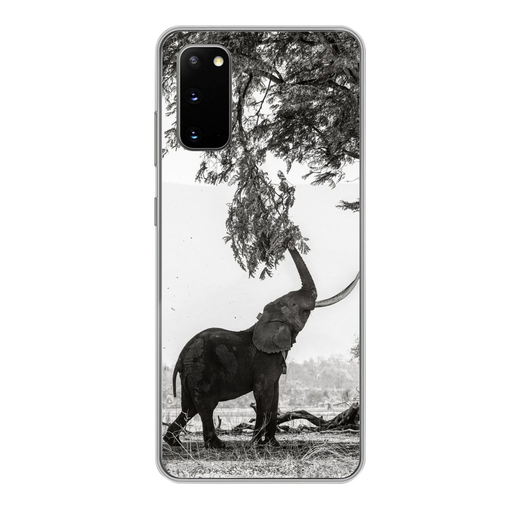 MuchoWow Handyhülle Schutzhülle Hülle für Samsung Galaxy S20 Elefant - Baum - Tiere - Schwarz und weiß Silikon Softcase Handy Hülle - Bild