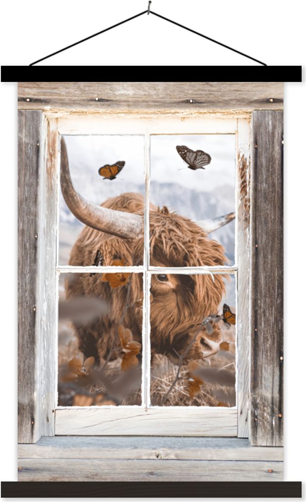 MuchoWow Textilposter Scottish Hochlandrind - Ansicht - Blumen 120x180 cm mit schwarzem Rahmen - Fotos