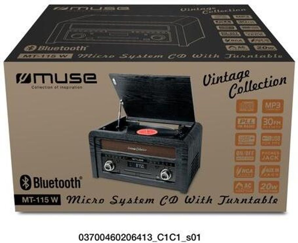 Muse MT-115 W, Czarny, Złoto, 33,45,78 RPM, Obrotowy, FM, Zdjęcie produktu 
