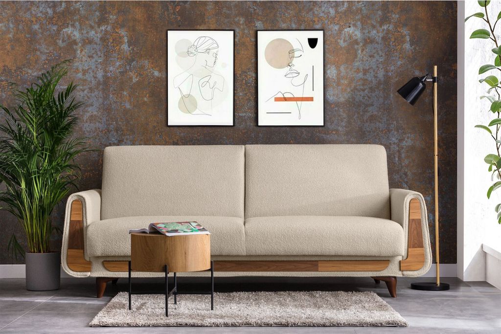 KONSIMO Sofa 3 Personen mit Schlaffunktion und Armlehnen "GUSTAVO", Creme, Bouclé-Stoff, Modern, 230x98x98 cm