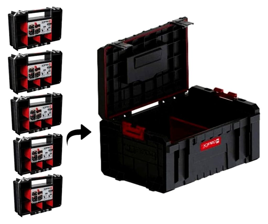 Werkzeugkasten SET QBRICK Modulare Werkzeugbox Koffer + 5 Multi Organizer Koffersystem Sortimentskasten Werkzeugaufbewahrung, Schwarz