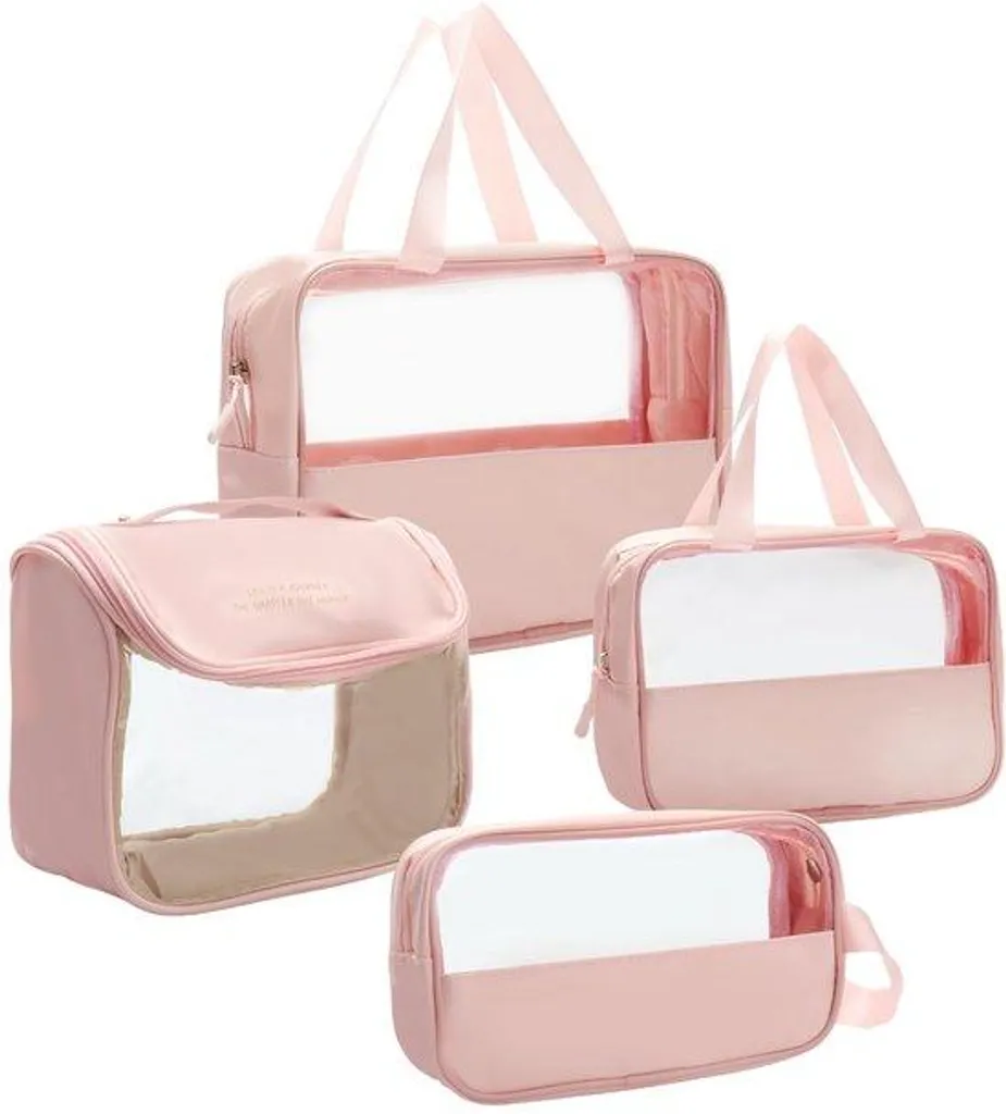 Sacs de voyage transparents imperméables en PVC et PU rose, 4 pcs