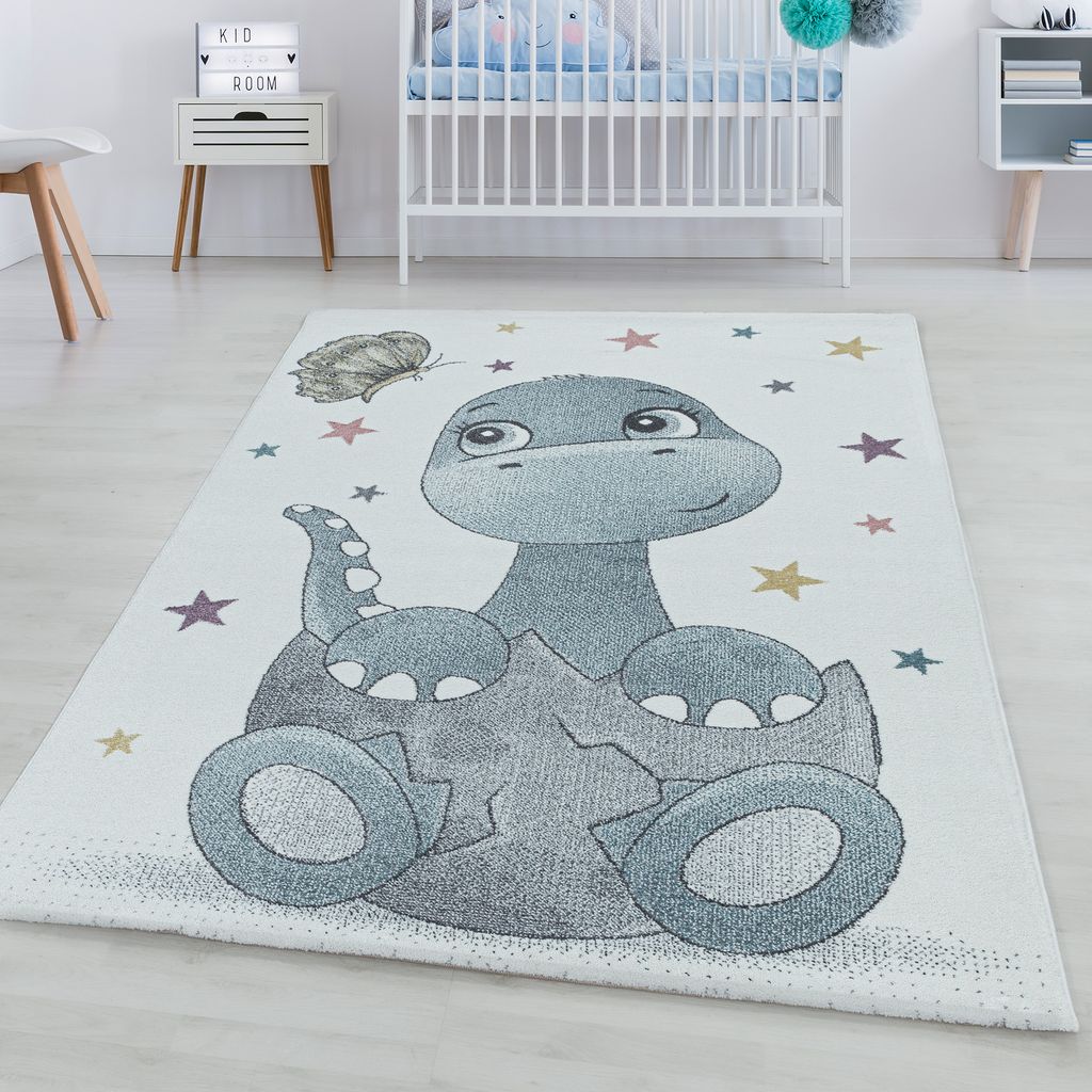 Kurzflor Kinderteppich Blau Dino Baby Saurier Design Kinderzimmer Teppich Weich