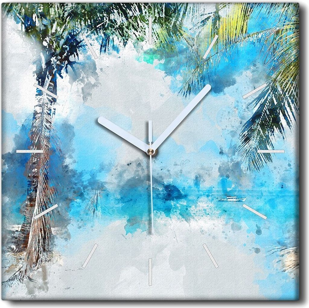 Coloray Uhr auf Leinwand 30x30 cm Wand Uhr Dekoration Wohnzimmer Segeltuch weiße Zeiger -Palm Coconut Beach.