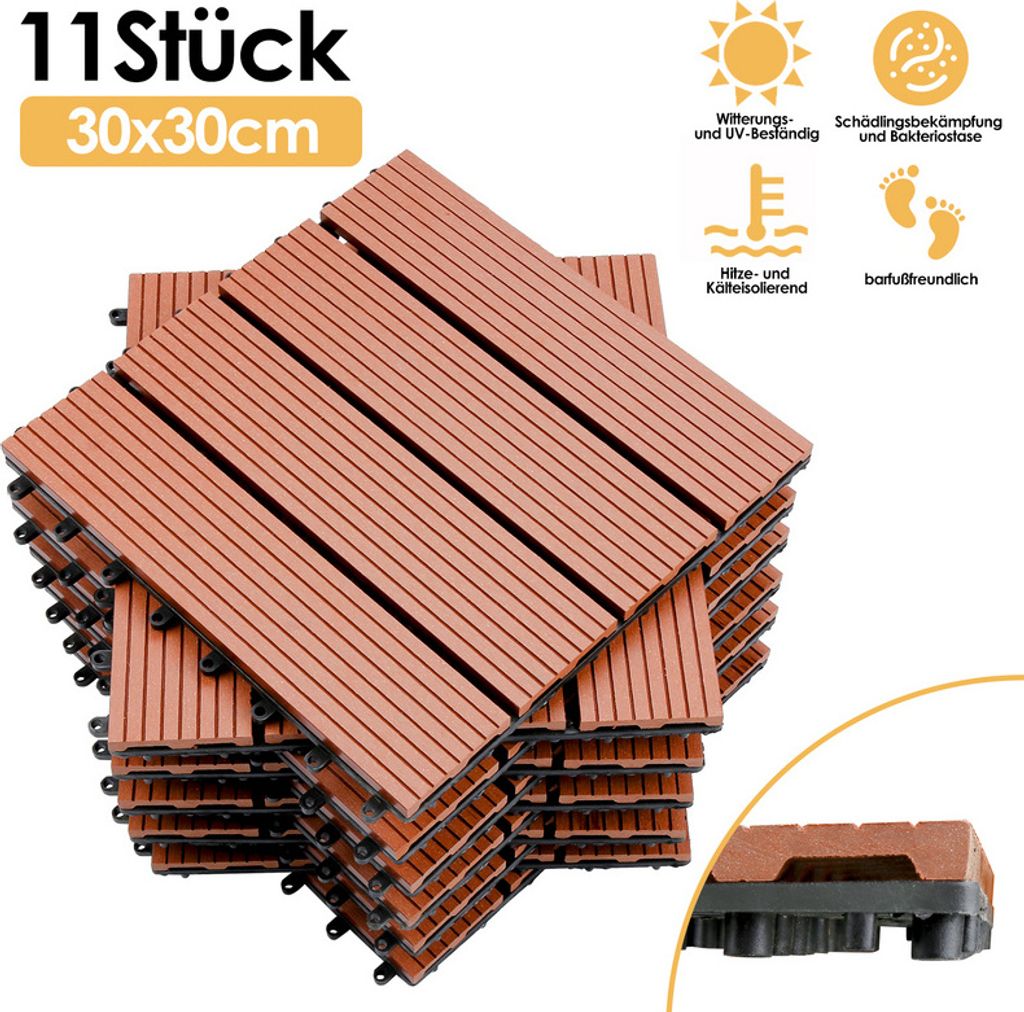 Yakimz WPC Fliesen Terrassenfliesen 11 Stück = 1m² Terrassendielen Holz-Optik 30x30cm, Fliese Bodenfliese Klickfliese Braun