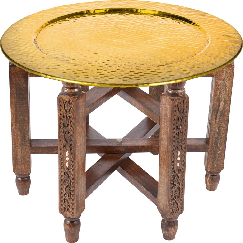 Marokkanischer Runder Tisch Couchtisch Halab ø 60cm rund | Orientalischer Wohnzimmertisch mit klappbaren Vintage Gestell aus Holz in Braun | Table...