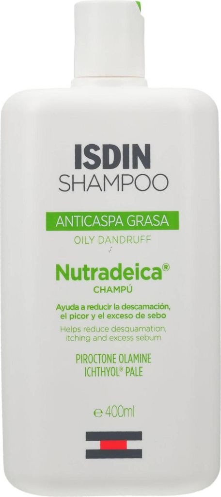A white bottle of ISDIN Nutradeica shampoo for oily dandruff.